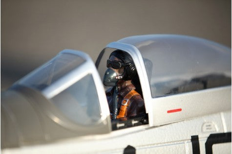 FMS 1450mm P-51D Red Tail V8 PNP cockpit detail with pilot figure wearing goggles and mask.