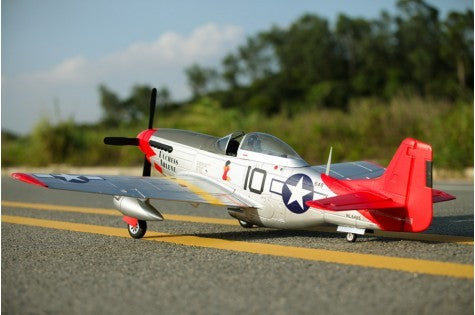 Silver FMS 1450mm P-51D Red Tail V8 RC airplane with red tail and wings, featuring the number 10 and a star emblem.