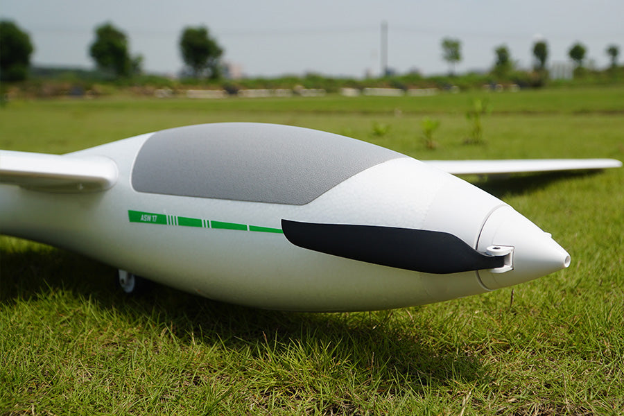 FMS 2500mm ASW-17 EP Glider PNP, white EPO foam glider with grey canopy and green ASW 17 branding.