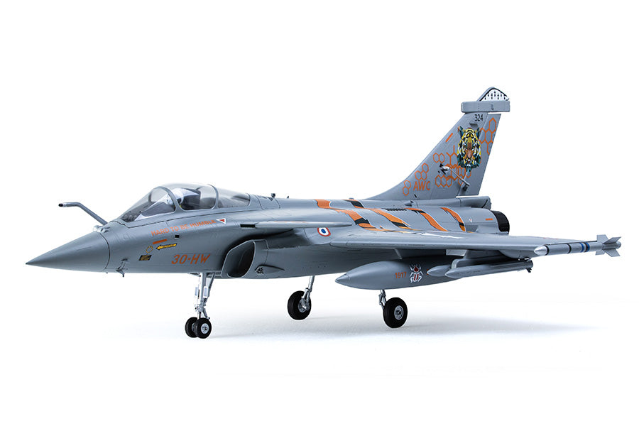 FMS 64mm Rafale jet model with NATO Tiger Meet livery, featuring orange tiger stripes and a tiger graphic on the tail.