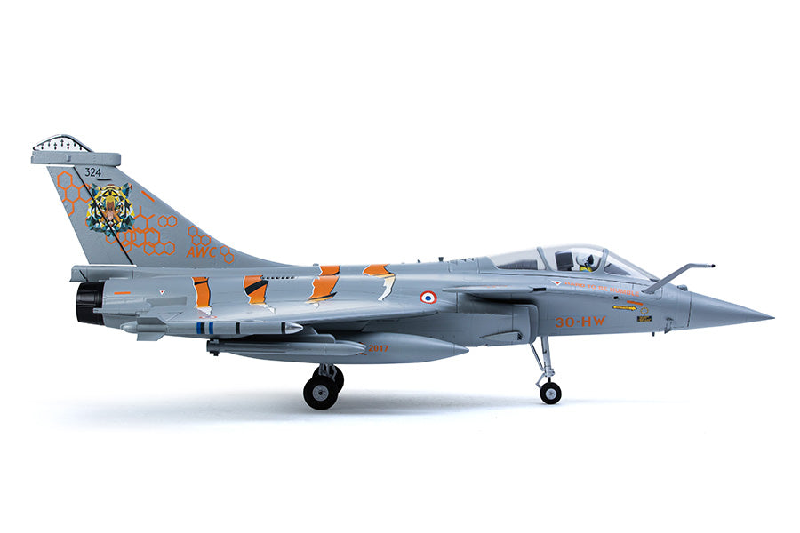 FMS 64mm Rafale jet model with tiger stripe markings and '30-HW' text on fuselage.