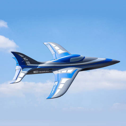 FMS EDF Jet 80mm Integral in blue and gray colors, highlighting aerodynamic design.