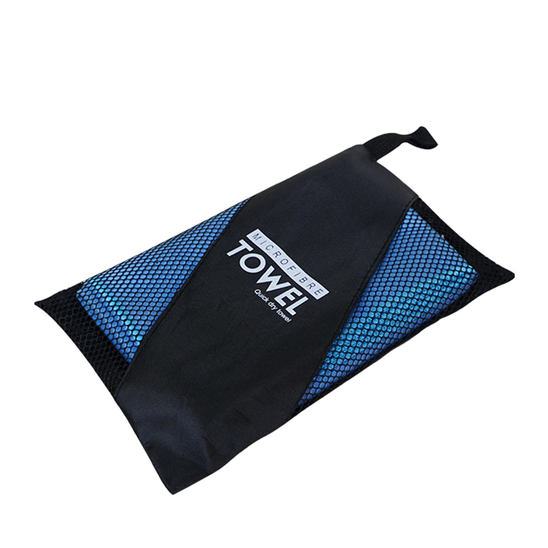 FMS microfibre towel in black with mesh pocket and blue design