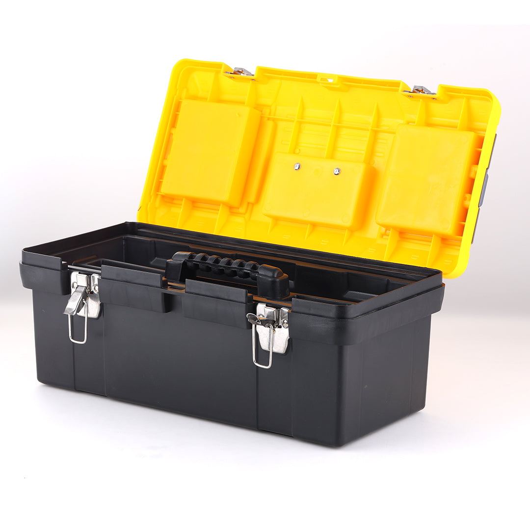 Durable black toolbox with yellow lid and organizing compartments