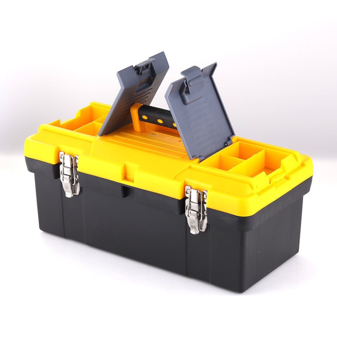 Sturdy black tool container with yellow lid, multiple compartments, and secure latches