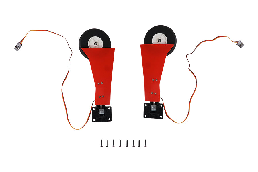 P-51 RC airplane landing gear with red struts, wheels, servos, and mounting screws.