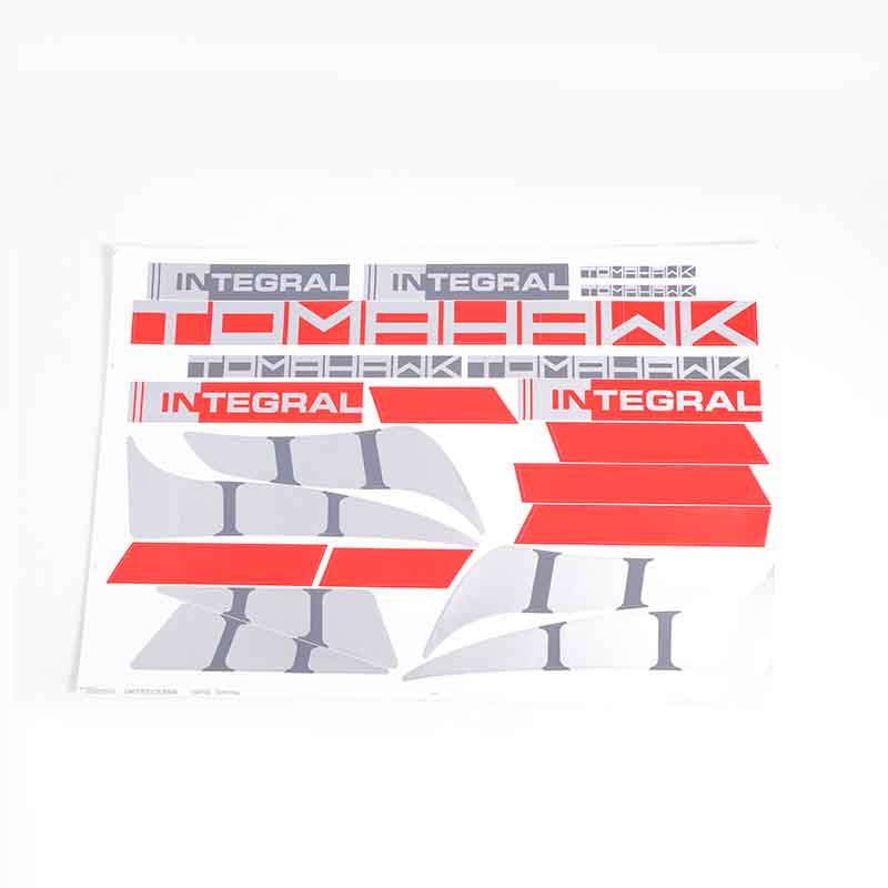 Integral Tomahawk sticker sheet with red and gray designs for RC models