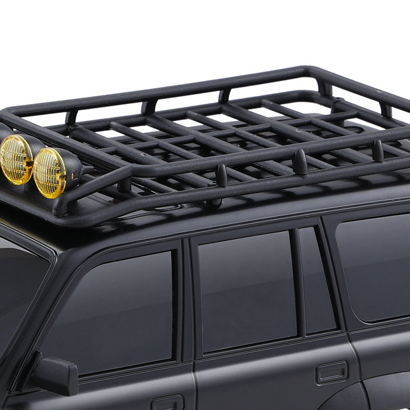 FMS 1:18 LC80 Toyota Land Cruiser 80 with black roof rack and yellow spot lights