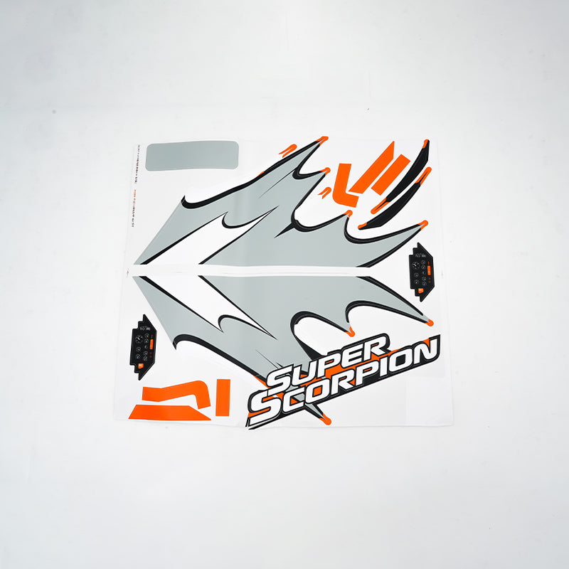 90mm Super Scorpion decals in gray, orange, and black with branding