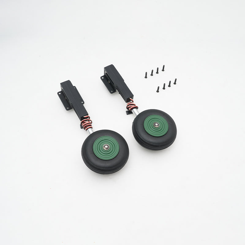 Main landing gear system for 70mm SU-27 and J-11 RC models with two wheels.