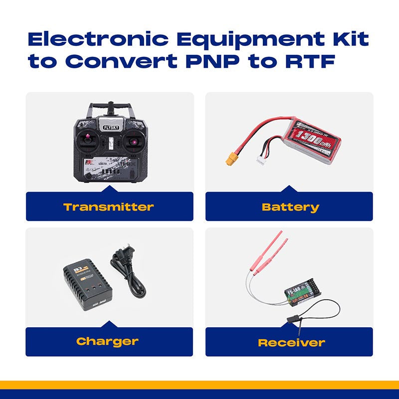 Complete RC plane upgrade kit: Flysky transmitter, receiver, 1300mAh battery, and charger for converting PNP model aircraft to Ready-to-Fly.
