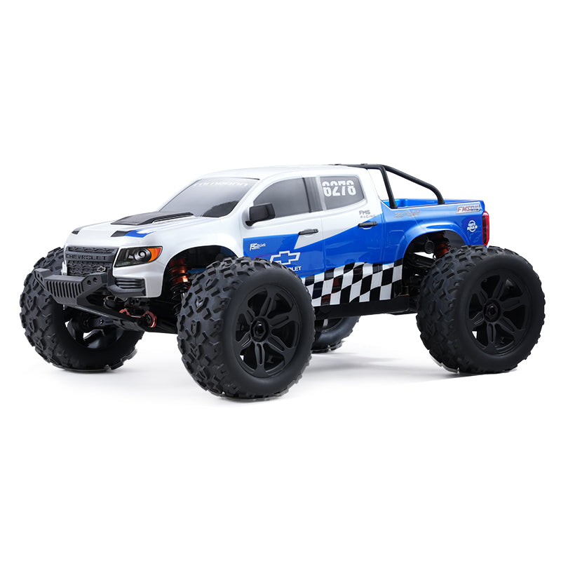FMS 1:10 Brushless Chevrolet Colorado Basher RS 4WD RC truck with large tires and roll cage.