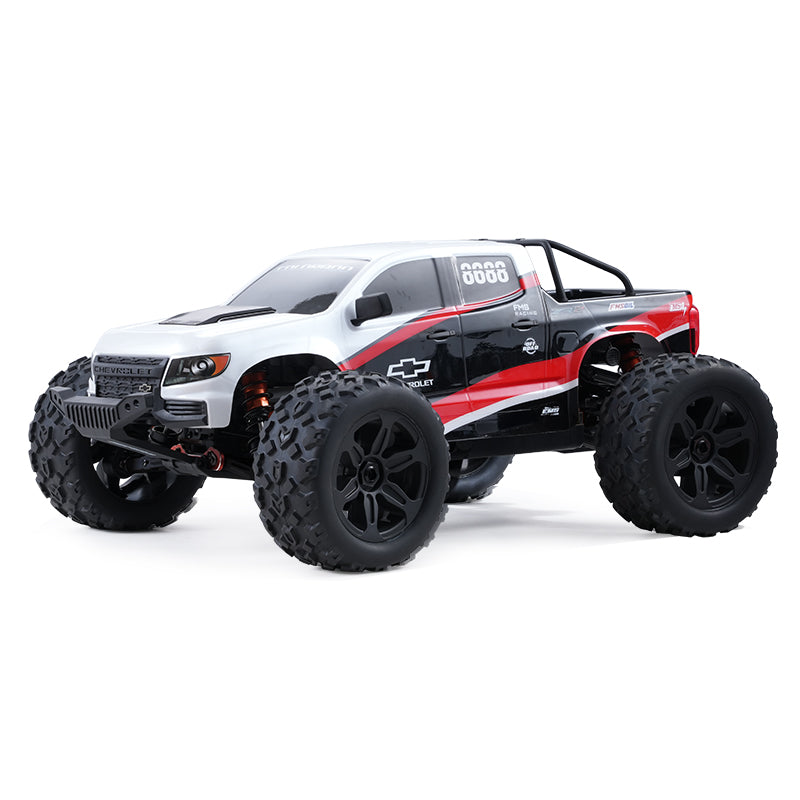 FMS 1:10 Brushless Chevrolet Colorado Basher RS 4WD RC truck with black wheels and red, black, and white body.
