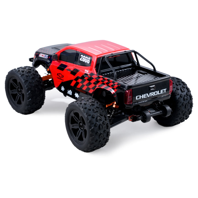 FMS 1:10 Chevrolet Colorado RC truck, red/black, checkered flag, large tires, Chevrolet branding.