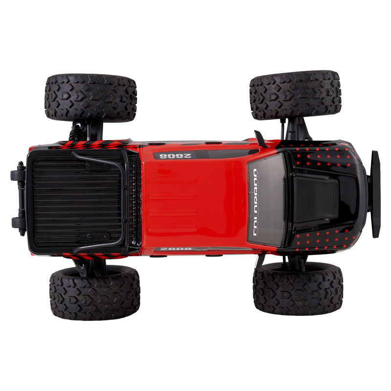 FMS 1:10 Chevrolet Colorado Basher RS 4WD, red and black monster truck with large tires, "COLORADO" text, and star accents.