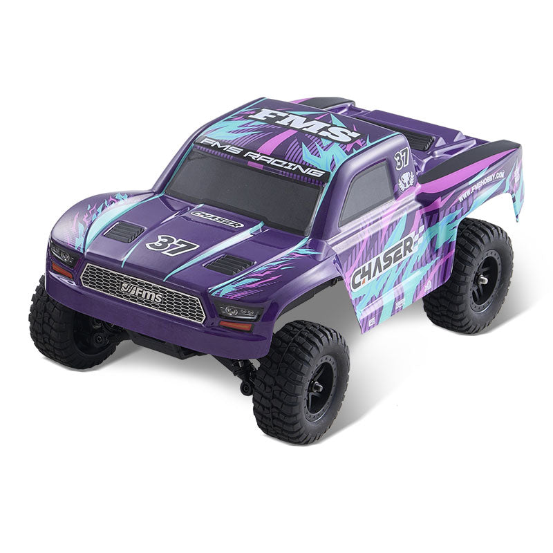 FMS 1:24 FSC24 Chaser short course truck in purple with tribal graphics and number 37