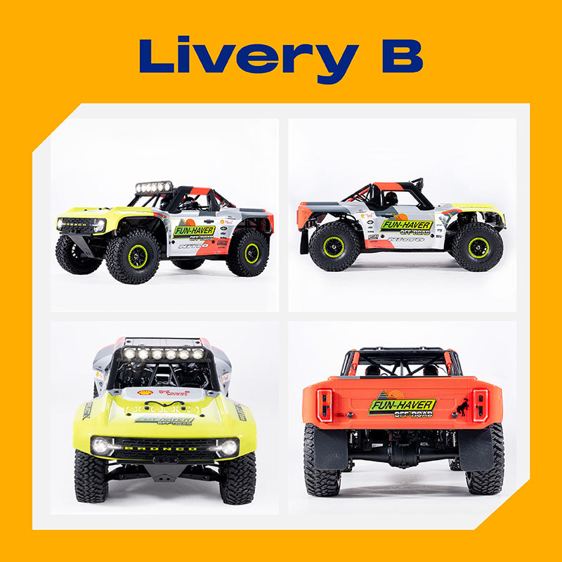 FMS 1:7 Ford Bronco RTR EB Brushless 4WD RS RC car, Livery B, four views: front-side, rear-side, front, and rear.