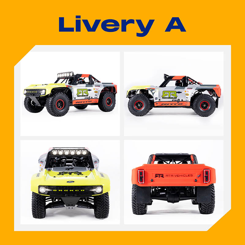 FMS 1:7 Ford Bronco RTR EB Brushless 4WD RS with Livery A, showing front, side, and rear views.