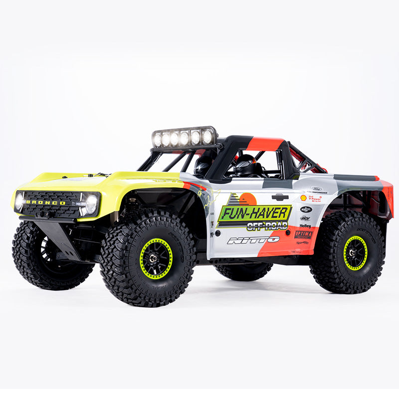 FMS 1:7 Ford Bronco RTR EB Brushless 4WD RS RC truck with 'FUN-HAVER OFF-ROAD' decals and light bar.