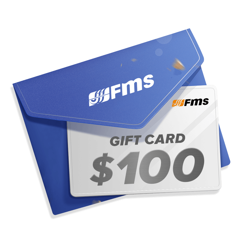 $100 FMS gift card displayed with blue envelope and FMS branding.