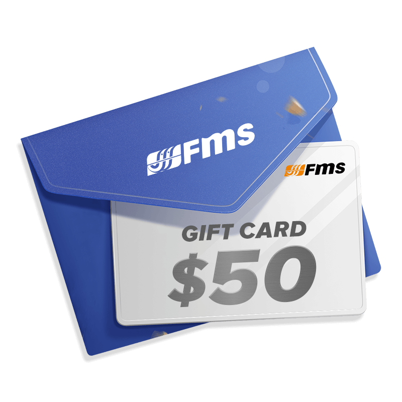 FMS $50 gift card in a blue envelope with FMS logo