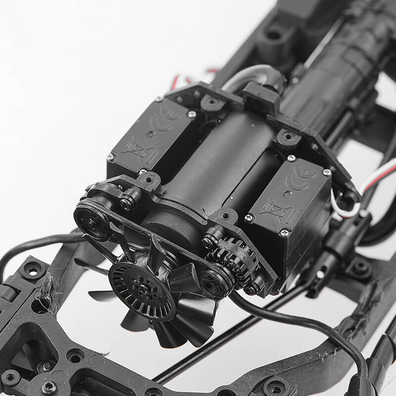 FMS 1:12 Hummer H1 Alpha RTR chassis with 370 brushed motor, fan, servos, and gears