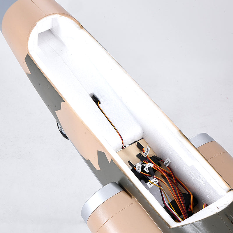 FMS EDF Jet 90mm Super Scorpion V2 PNP interior with labeled servo connections for Aileron, Elev, Gear, Rudder, and Thro.