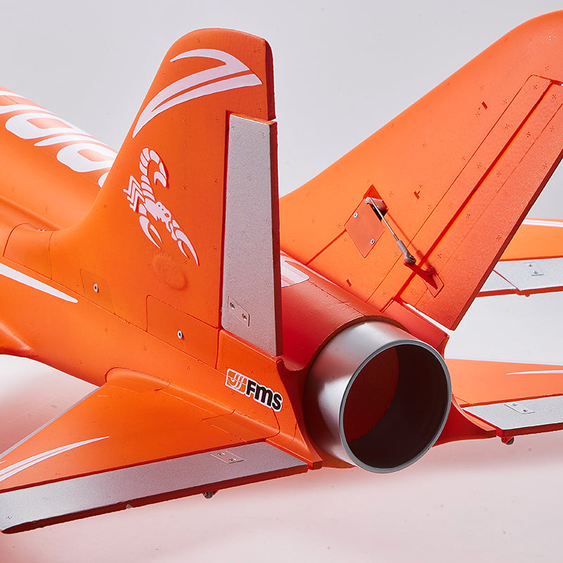 FMS EDF Jet 90mm Super Scorpion V2 PNP in vibrant orange with a white scorpion decal on the tail fin and FMS logo.