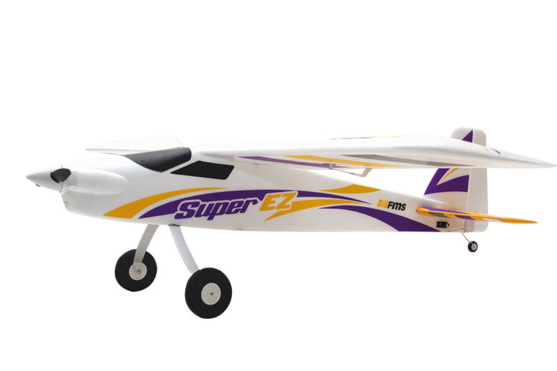 FMS 1220mm Super EZ V4 RC airplane with purple and yellow decals, featuring tricycle landing gear.