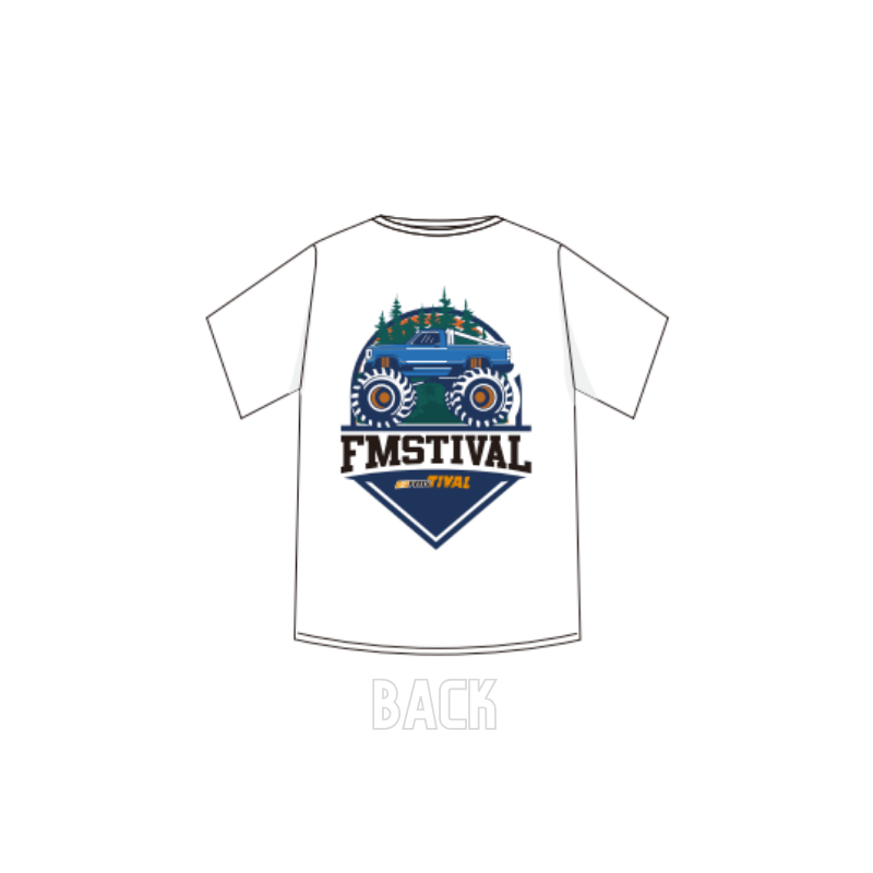 Back of FMStival T-shirt featuring blue monster truck and graphic design.