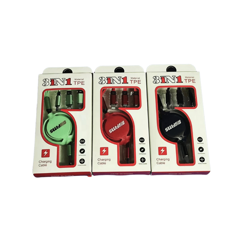 3-in-1 USB charging cables in green, red, and black packaging