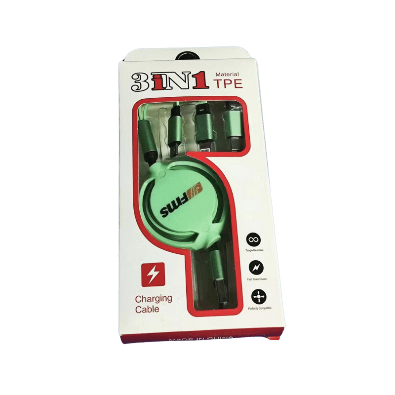 3-in-1 retractable USB charging cable in green TPE packaging