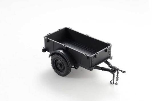 Detailed black utility trailer model with wheels and hitch for RC vehicles.