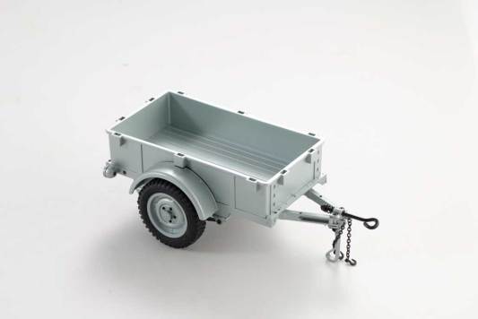 1:18 scale utility trailer model in gray with detailed wheels and hitch.