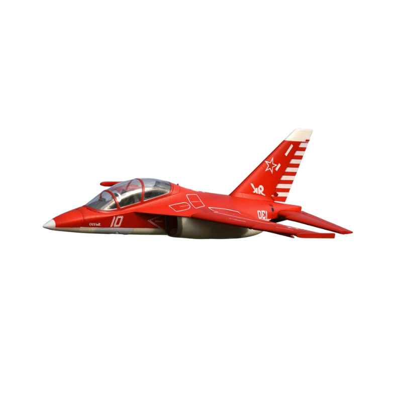 FMS Yak-130 V2 EDF jet, red with white markings, number 10 on the fuselage.