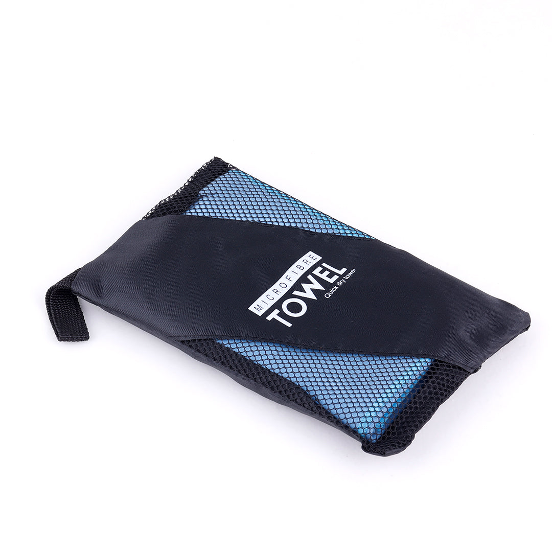 Compact black FMS microfibre towel with blue mesh pocket for easy carrying
