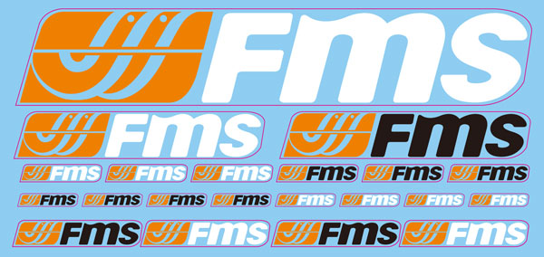 FMS logo decals in various styles and colors for RC models.