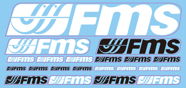 Diverse FMS logo decals showcasing different styles and color options for RC enthusiasts.