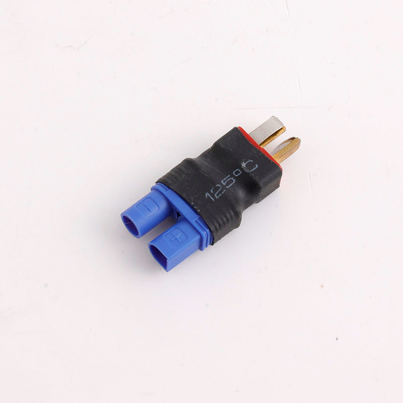 RC battery adapter with blue connectors (+/-) and gold male pins, 125°C rated.