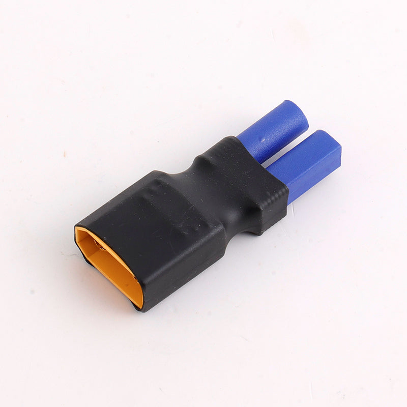 Black RC battery adapter with yellow connector socket and dual blue wire leads.