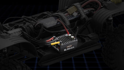 Close-up view of the independent SL-50 ESC installed on the FMS FCX10 PRO LC80 RC crawler chassis