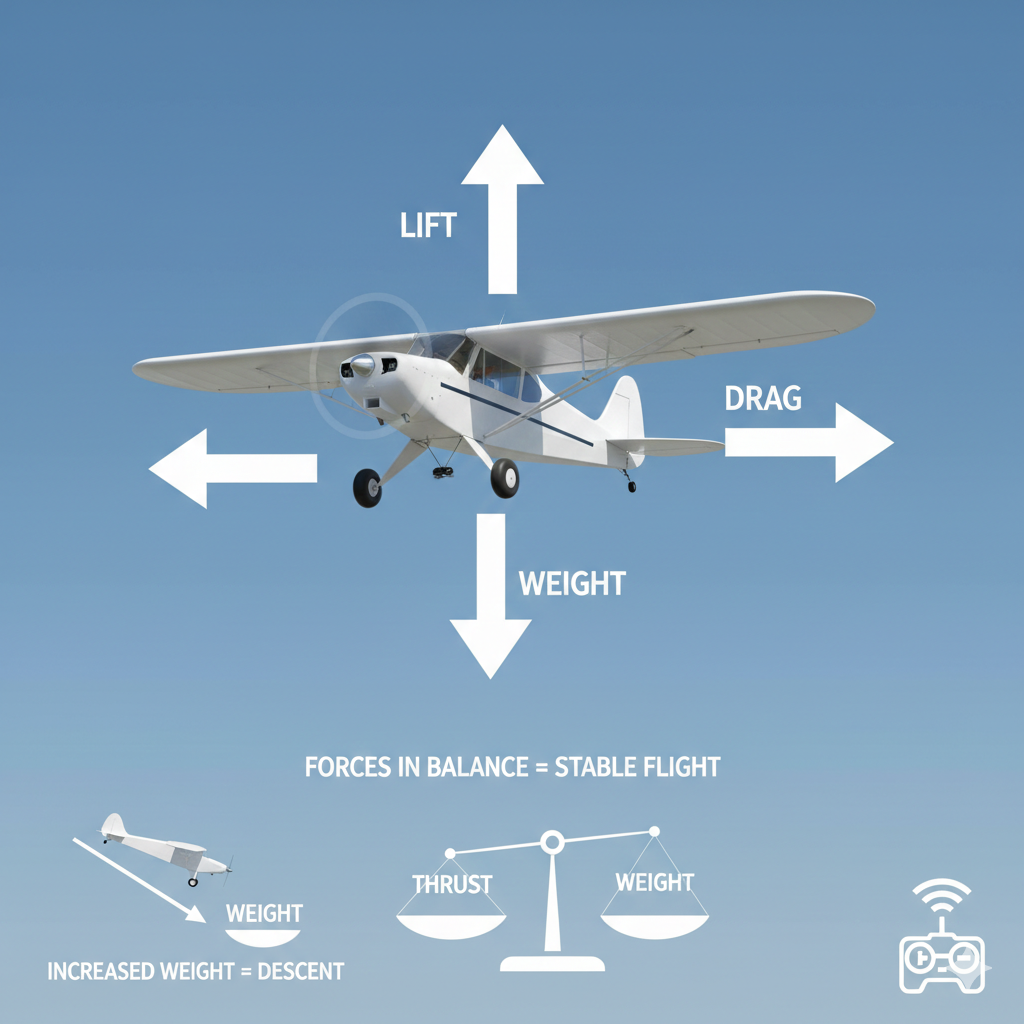 RC airplane with labeled lift, drag, and weight forces showing stable flight balance.