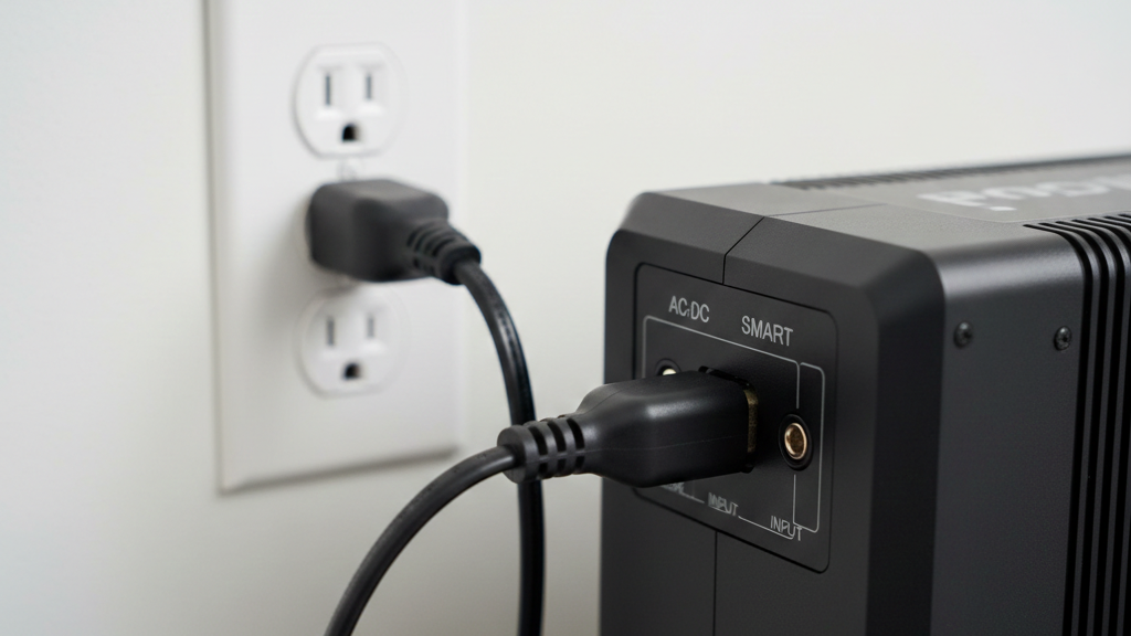 Close-up of an AC/DC smart charger power cable plugged into a standard wall outlet for RC plane charging.