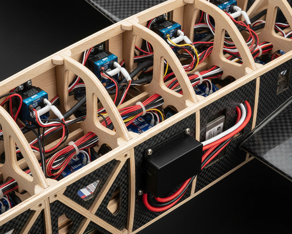 Primer plano del fuselaje interno de un avión RC que muestra múltiples servos digitales y un cableado complejo para una alta demanda de corriente.