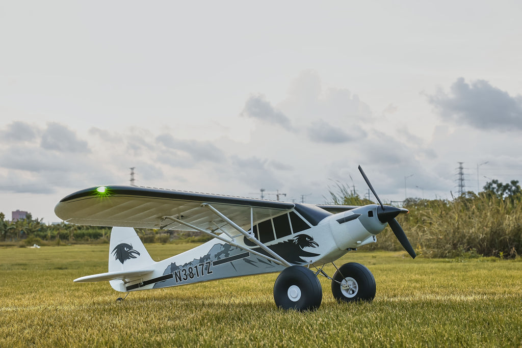 Fmshobby RC park flyer airplane resting on open grass flying field