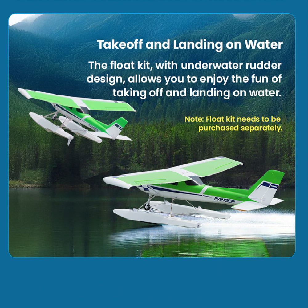 FMS Ranger V2 RC plane with floats taking off and landing on water.