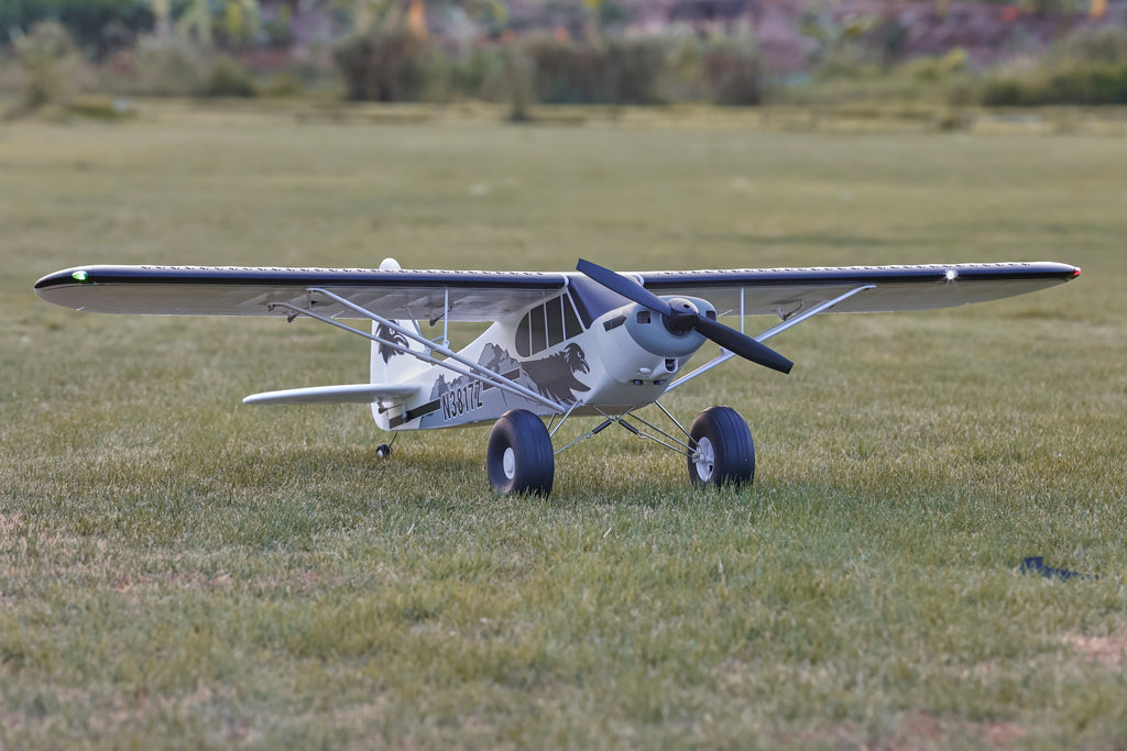 White RC plane, side view.