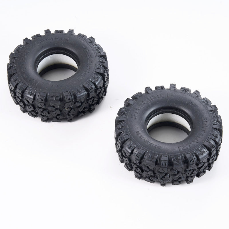 The image shows two large, rugged off-road tires with aggressive tread patterns. These types of tires are commonly used on remote-controlled or all-terrain vehicles to provide excellent traction and durability in challenging terrain.