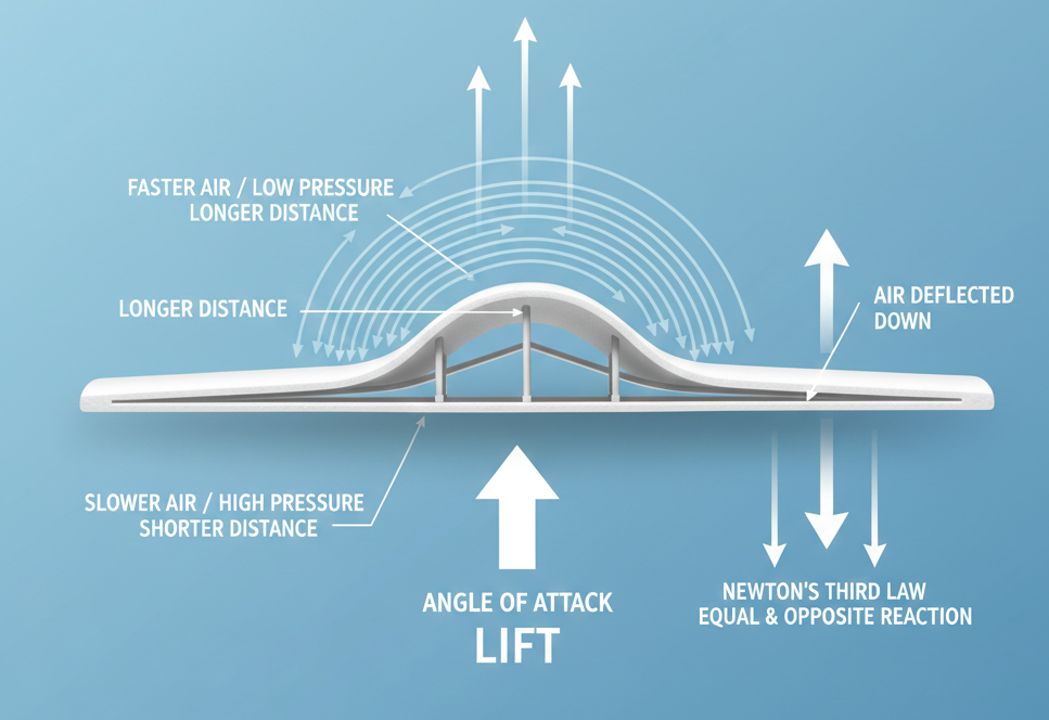 Diagram of an airfoil showing airflow, lift, angle of attack, and Newton’s third law.
