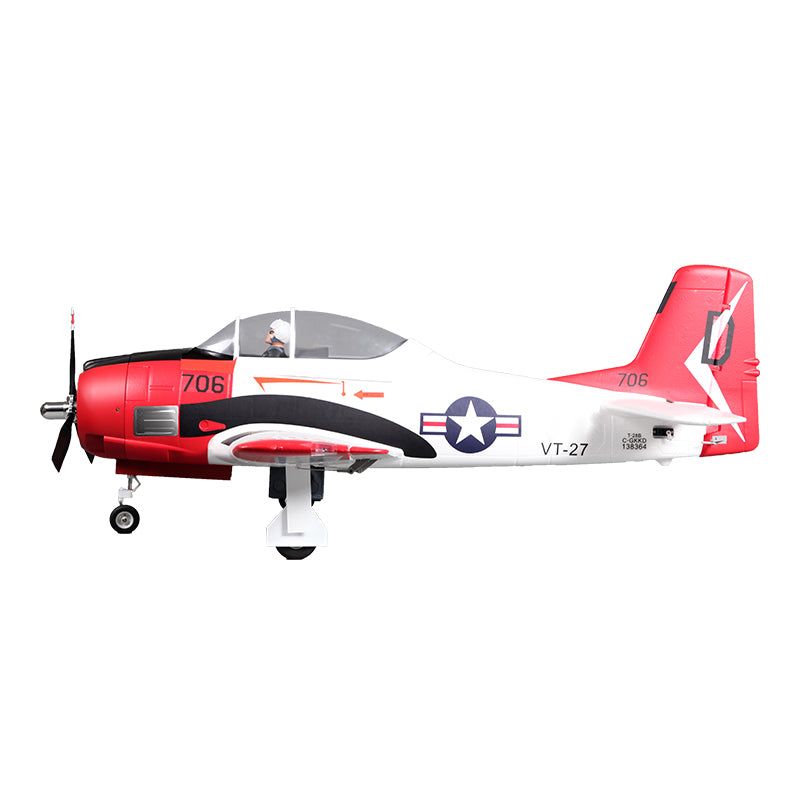 Red and white FMS 1400mm T-28D Trojan V4 PNP RC airplane with "706" and "VT-27" markings.